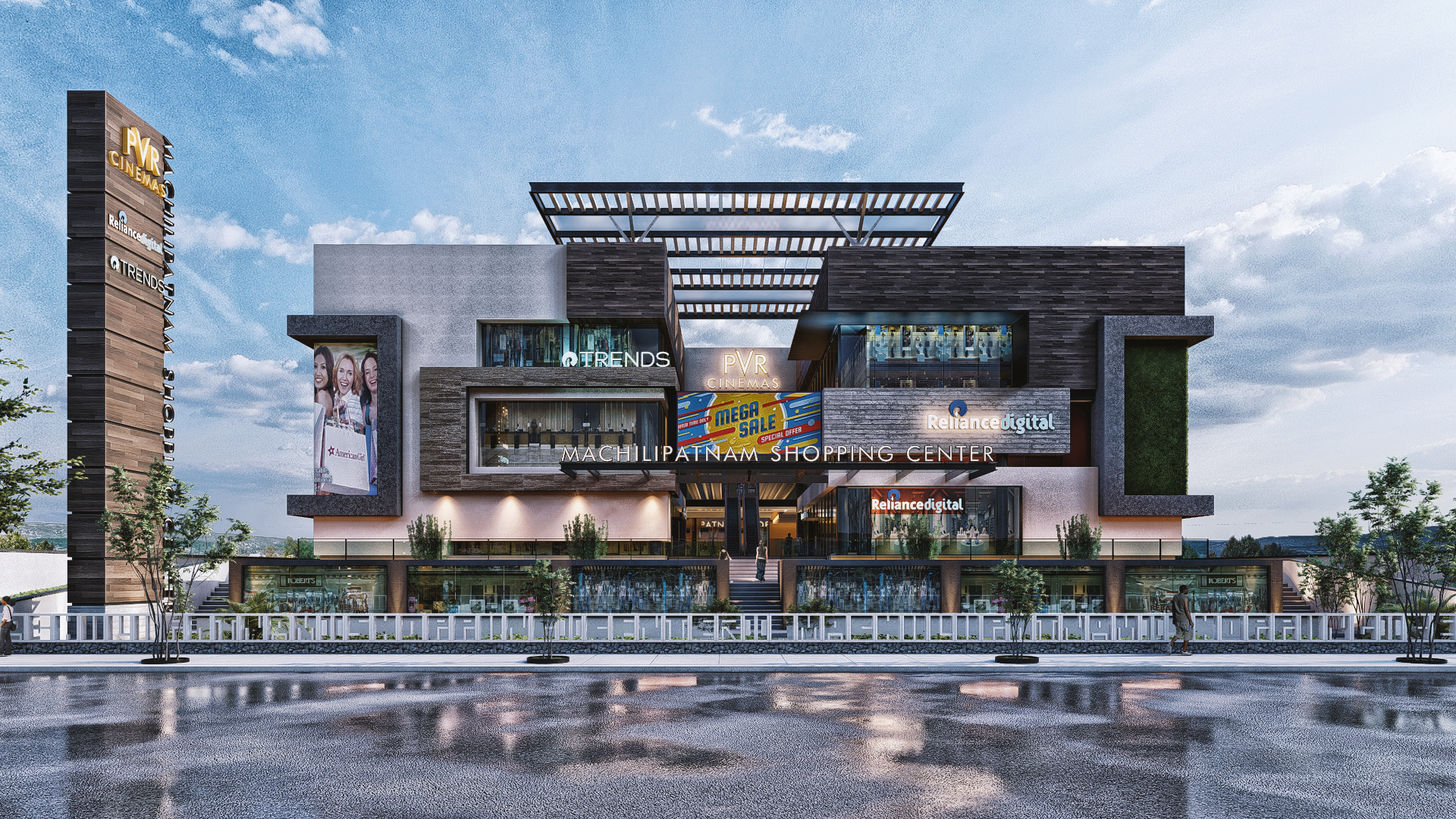 Varam Central mall exterior at dusk